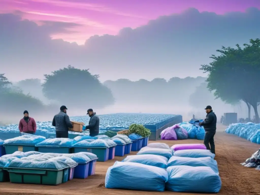 Un centro de reciclaje en educación ambiental al atardecer, con colores suaves y personas ordenando materiales reciclables diligentemente