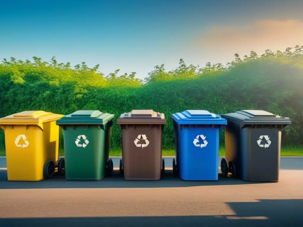 Un centro de reciclaje armonioso y sostenible con personas clasificando residuos bajo un cielo azul