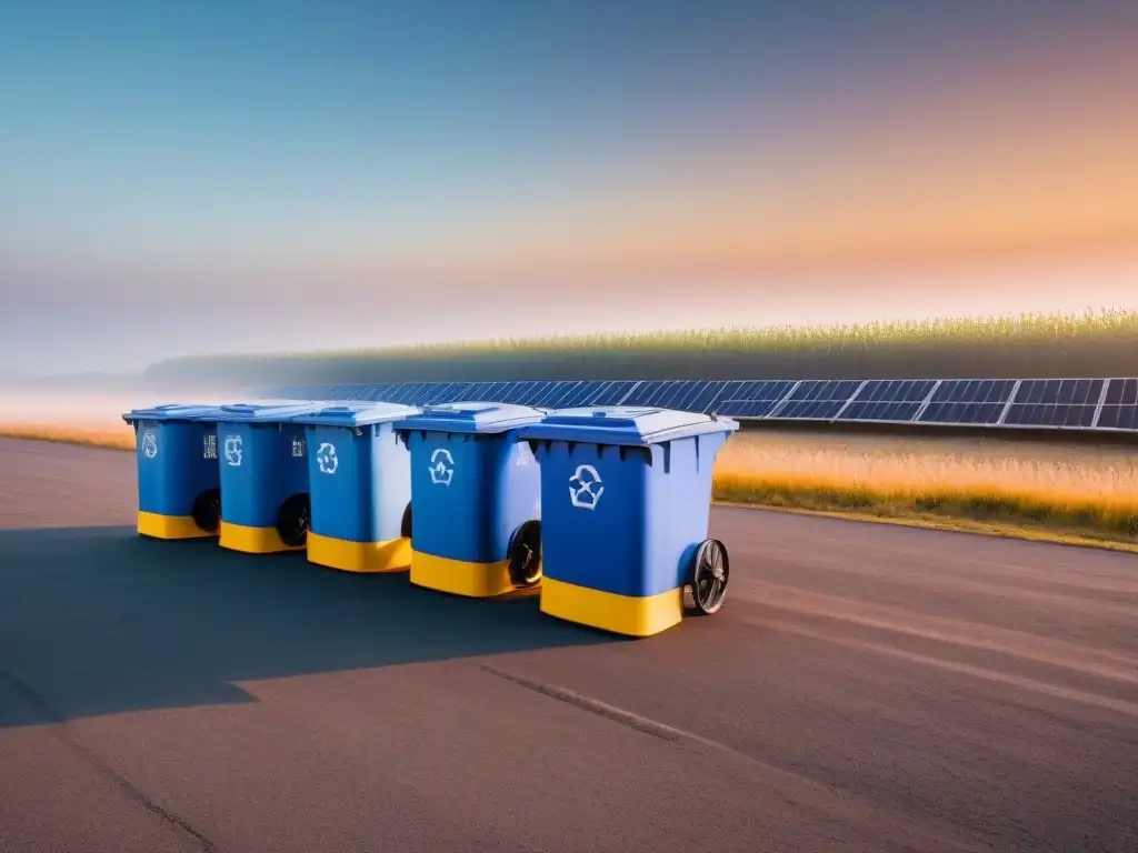 Un centro de reciclaje al atardecer, con contenedores y paneles solares bajo luz dorada