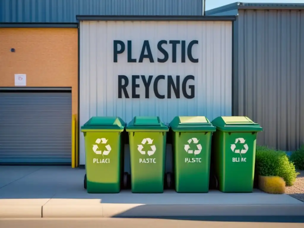 Un centro de reciclaje en una comunidad sostenible, con contenedores organizados para plástico, vidrio, papel y metal