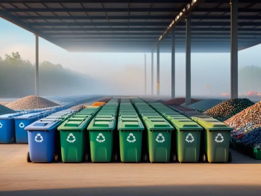 Un centro de reciclaje al amanecer, con contenedores ordenados para vidrio, plástico y papel