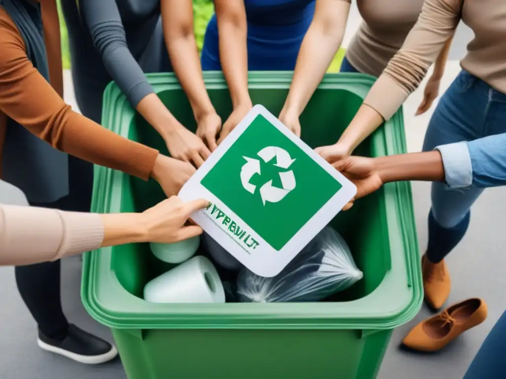 Un centro de reciclaje ecoamigable donde personas diversas colaboran en proyectos zero waste