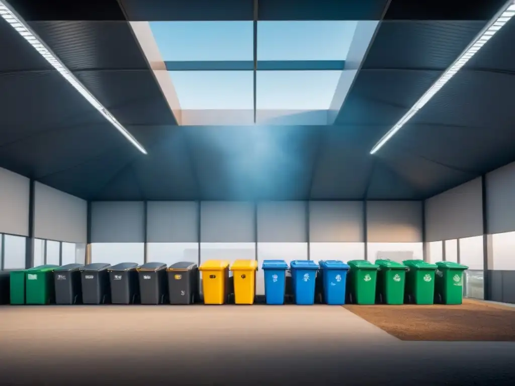 Un centro de reciclaje futurista y eficiente con personas depositando residuos en contenedores metálicos, iluminado por luz natural