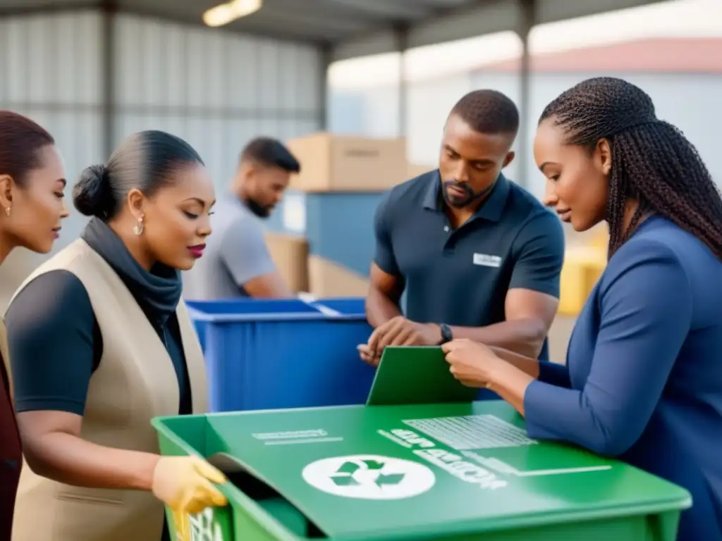 Un centro de reciclaje inclusivo, donde una diversa comunidad trabaja en armonía por prácticas sostenibles