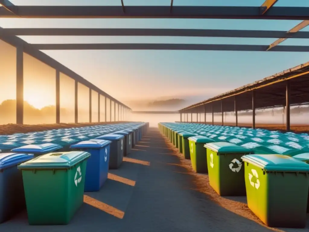 Un centro de reciclaje minimalista al amanecer, promoviendo la gestión de residuos para sostenibilidad