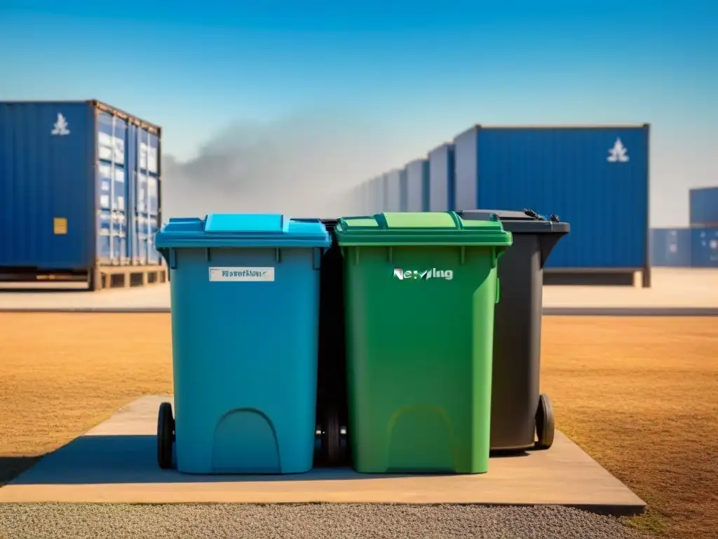 Un centro de reciclaje moderno con contenedores ordenados y materiales reciclables, bajo un cielo azul