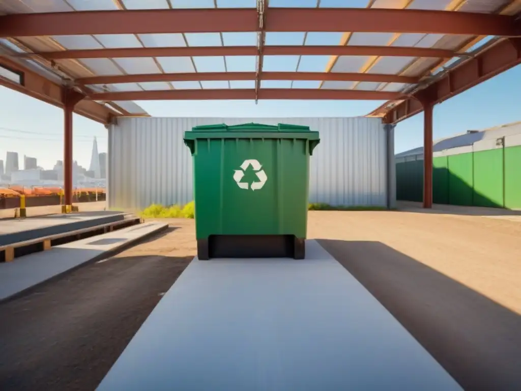 Un centro de reciclaje moderno en San Francisco con diseño minimalista y ambiente comunitario, mostrando políticas de residuos sostenibles