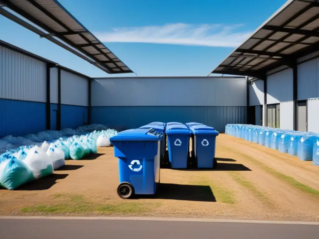 Un centro de reciclaje moderno y sereno con contenedores organizados para diferentes materiales, rodeado de naturaleza