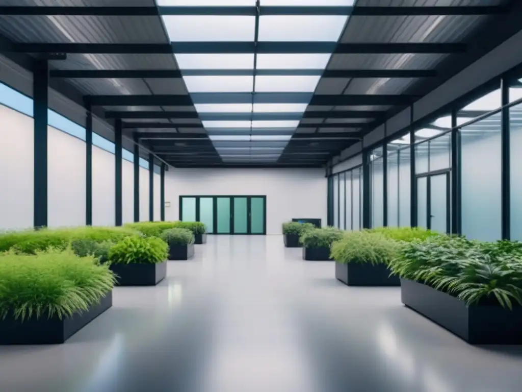 Un centro de reciclaje moderno y sereno al anochecer, iluminado con suaves luces ambientales, rodeado de vegetación exuberante