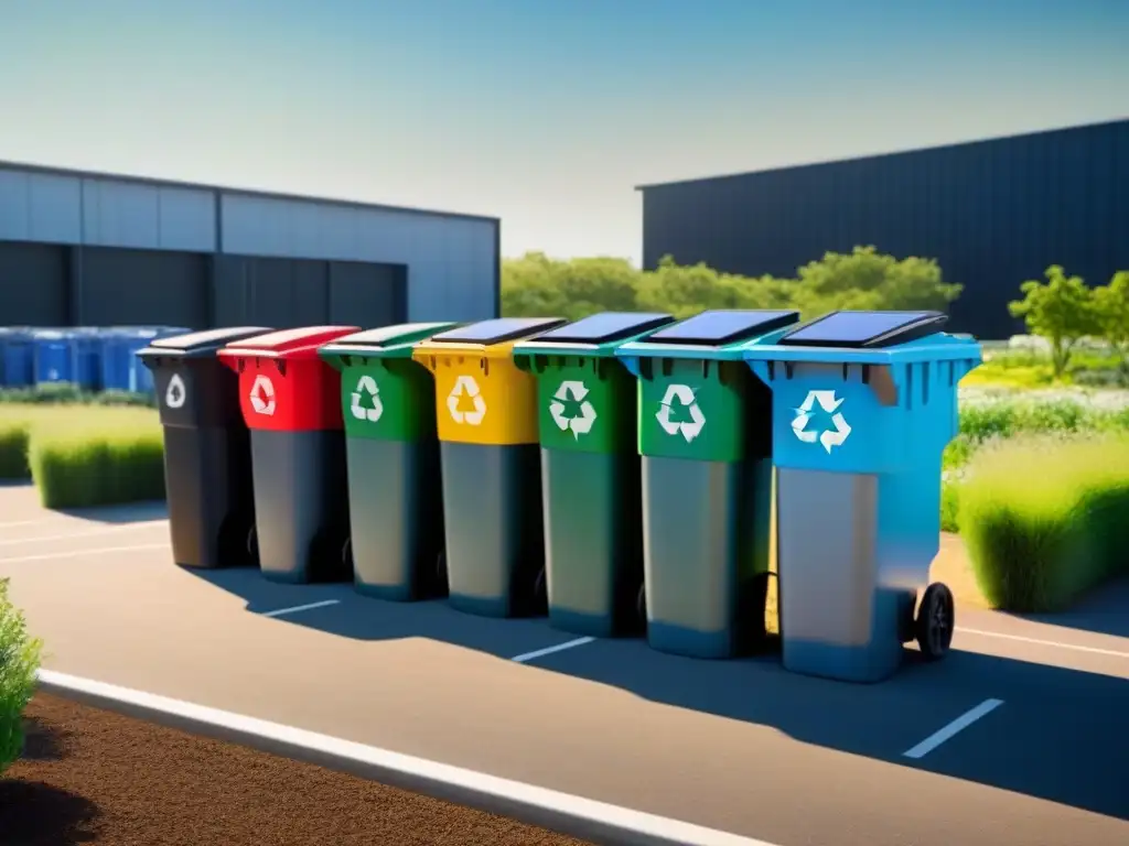 Centro de reciclaje moderno en armonía con la naturaleza Centro de reciclaje moderno y sostenible con contenedores ordenados, rodeado de naturaleza