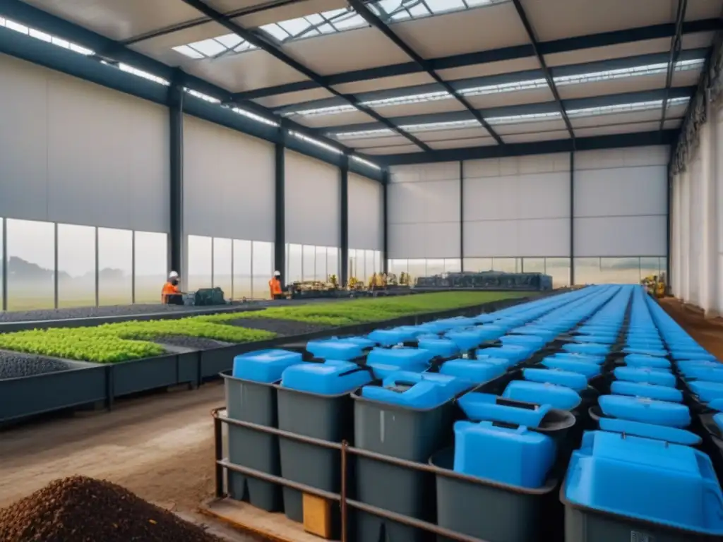 Un centro de reciclaje moderno y sostenible con Precious Plastic, rodeado de naturaleza exuberante y trabajadores eficientes