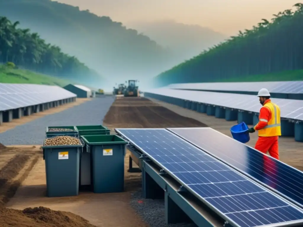 Un centro de reciclaje moderno y sustentable rodeado de naturaleza, con tecnología de vanguardia y trabajadores comprometidos