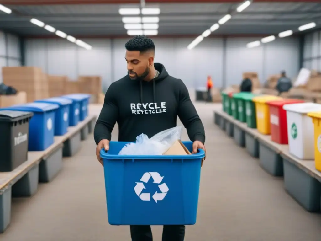 Un centro de reciclaje moderno y vibrante donde una comunidad diversa trabaja unida para reciclar materiales, fomentando la sostenibilidad