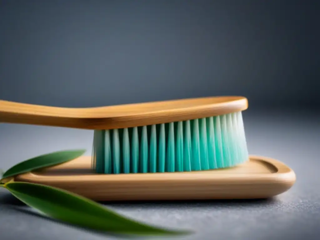 Un cepillo de dientes de bambú con cerdas suaves, sobre un jabonera de bambú en un baño minimalista, rodeado de plantas verdes