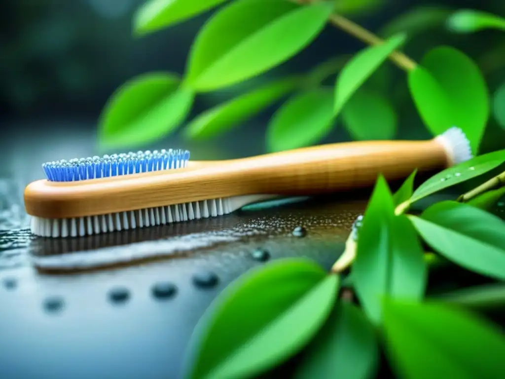 Un cepillo de dientes de bambú ecológico rodeado de hojas verdes y gotas de agua, ideal para prácticas de higiene bucal sostenibles