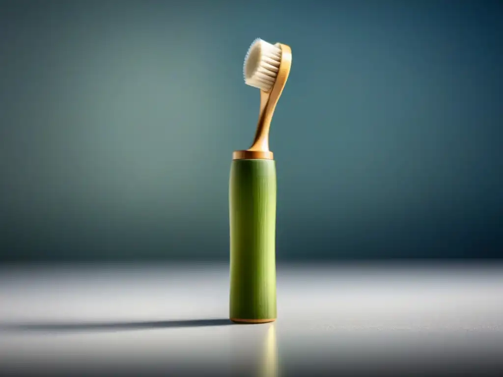 Un cepillo de dientes de bambú en un elegante fondo blanco, destacando su textura natural