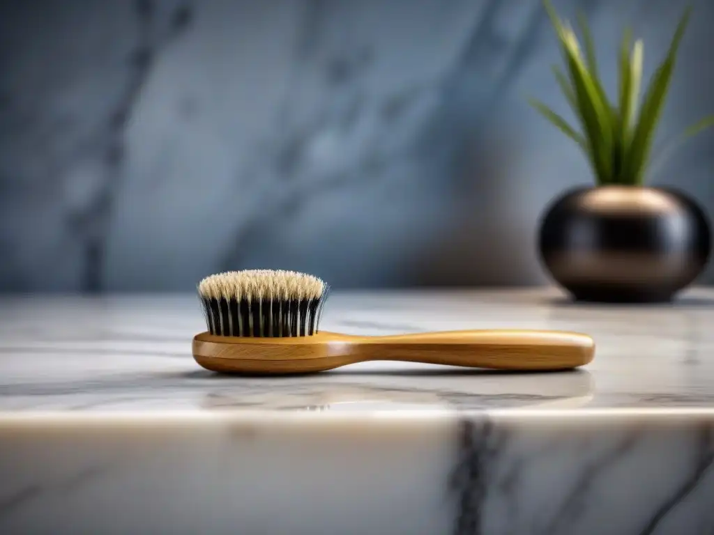 Un cepillo de dientes de bambú elegante y sostenible sobre un elegante mostrador de mármol blanco