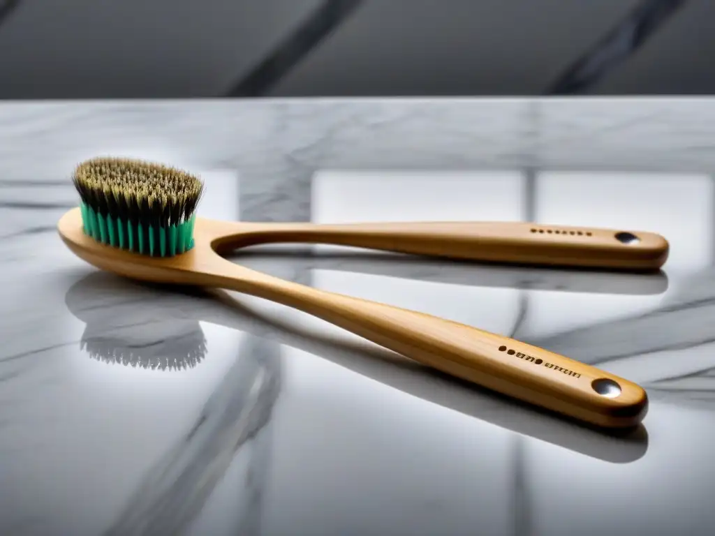 Un cepillo de dientes de bambú sostenible en un elegante y detallado primer plano, iluminado por una suave luz natural sobre un mostrador de mármol