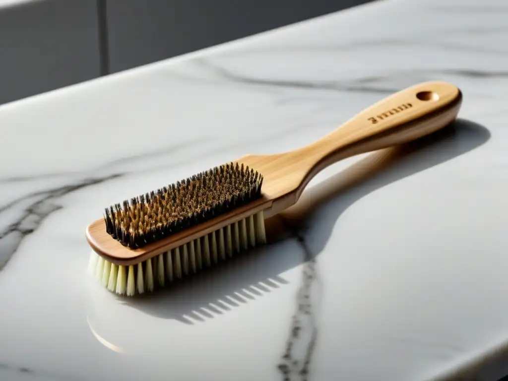 Un cepillo de dientes de bambú sostenible descansa sobre mármol blanco, mostrando su diseño ecofriendly