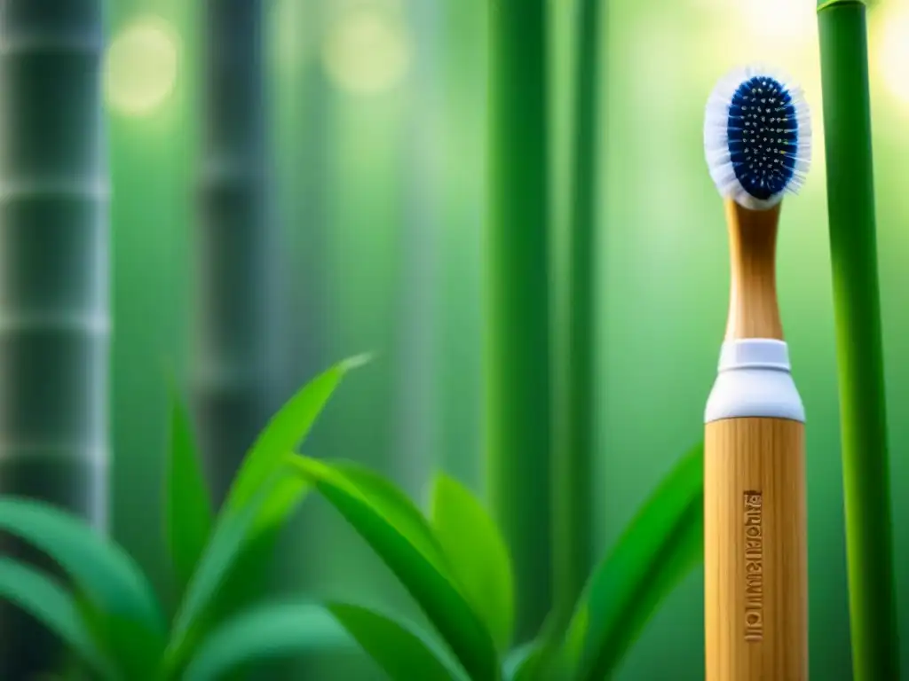 Un cepillo de dientes de bambú sostenible en un bosque de bambú verde, resaltando su textura natural y elegancia