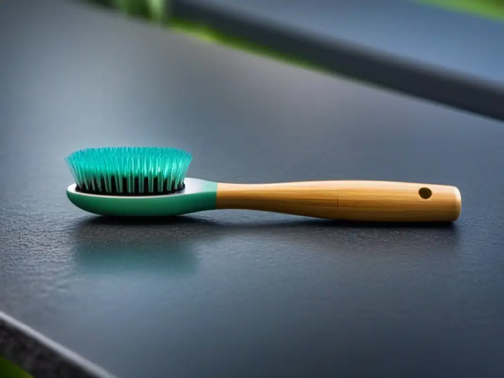 Un cepillo de dientes ecológico de bambú en una encimera de piedra, destacando su diseño sostenible y elegancia natural