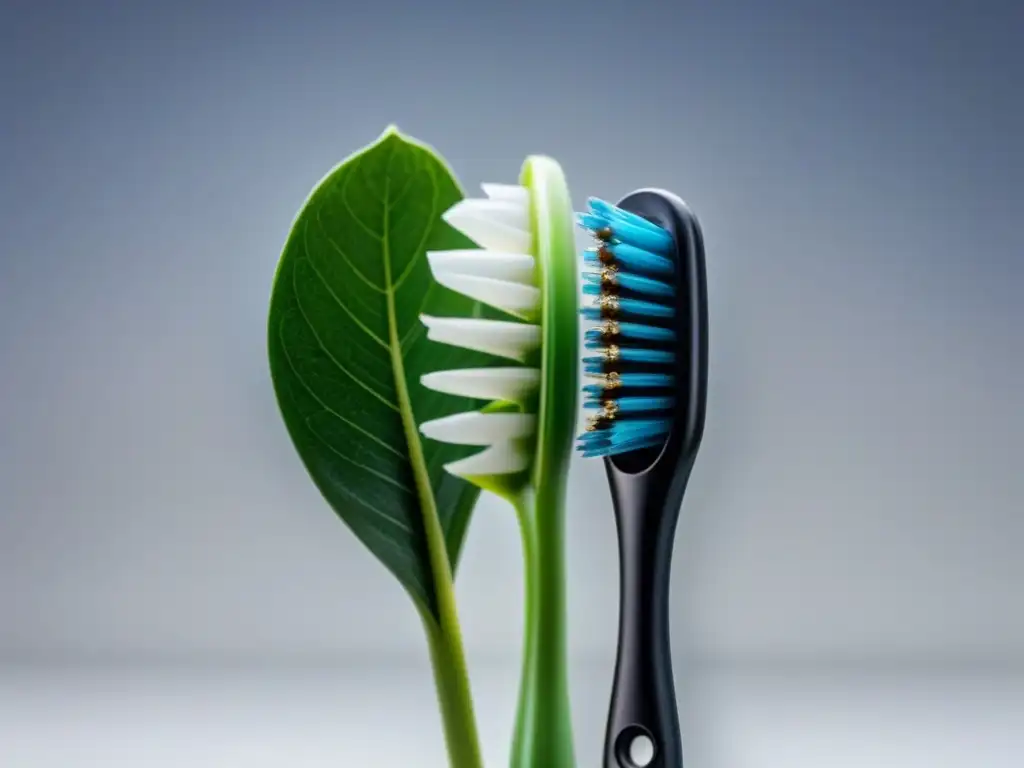 Comparación de dos cepillos de dientes: uno con diseño de hojas verdes y el otro con patrón de código de barras