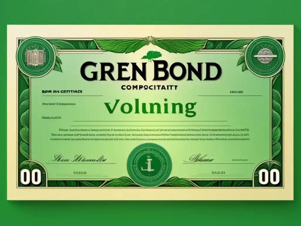 Un certificado de bono verde con detalles verdes, gráficos financieros y símbolos de sostenibilidad