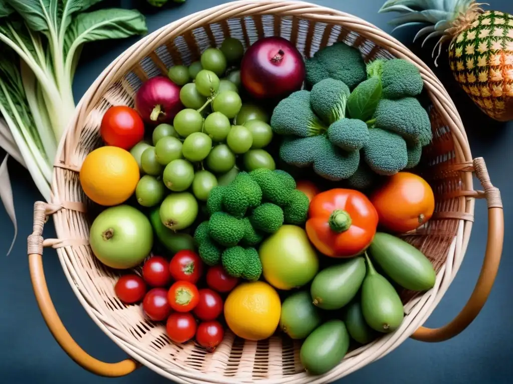 Una cesta de mimbre con frutas y verduras frescas, vibrantes y coloridas, sin plástico