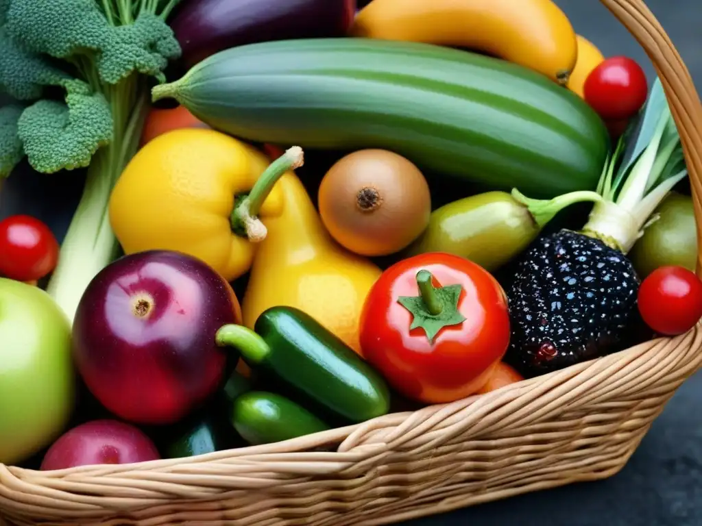 Una cesta rebosante de frutas y verduras frescas y coloridas, resaltando la frescura y la abundancia