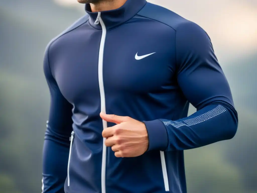 Chaqueta deportiva futurista de materiales reciclados en azul navy con detalles reflectantes sutiles