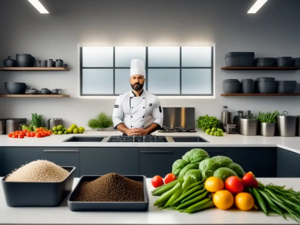 Un chef en una cocina sostenible rodeado de ingredientes frescos y contenedores reutilizables