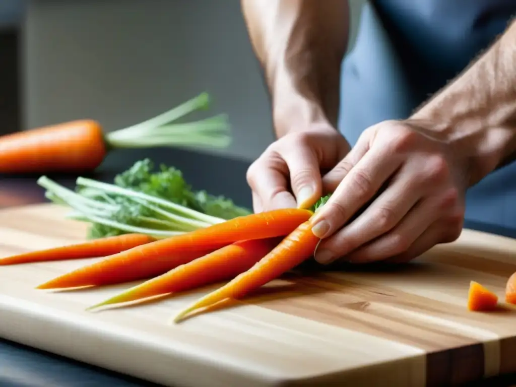 Un chef experto pela una zanahoria con precisión sobre tabla de madera, demostrando estrategias para reducir desperdicio alimentario