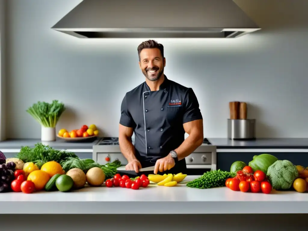 Un chef feliz preparando recetas con alimentos rescatados en una cocina moderna y colorida