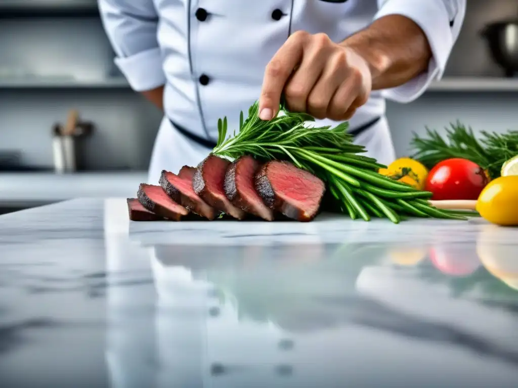 Un chef arregla ingredientes coloridos sobrantes con elegancia en una encimera de mármol blanco