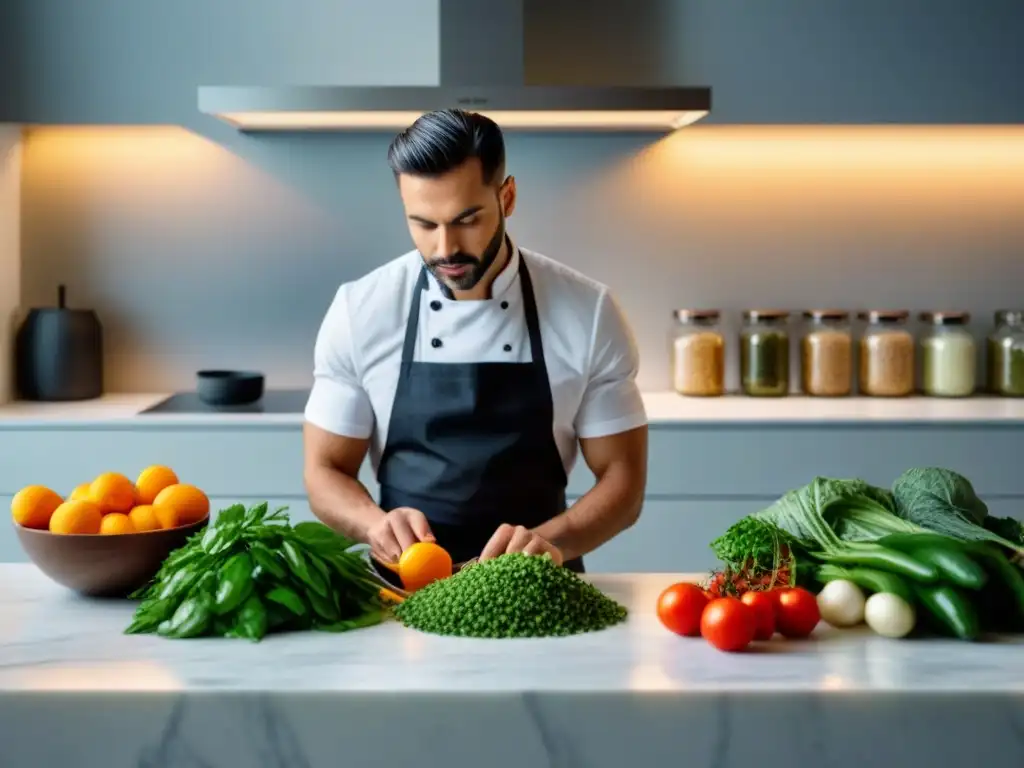 Un chef crea platos plantbased en cocina moderna y sostenible