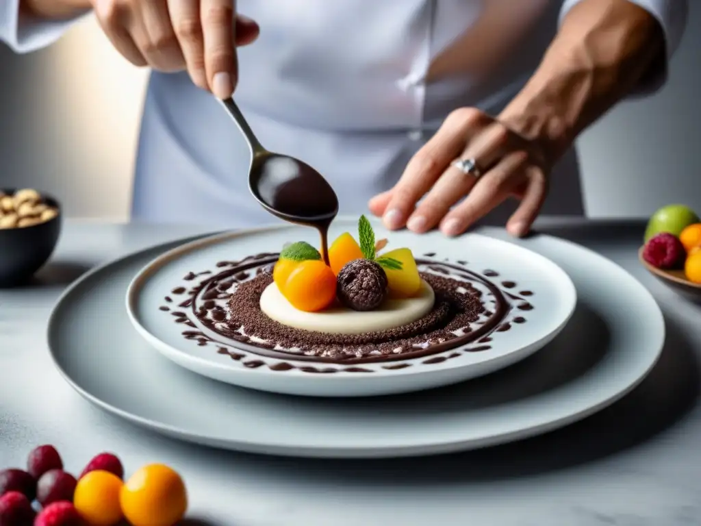 Un chef decora un postre zero waste con precisión y elegancia