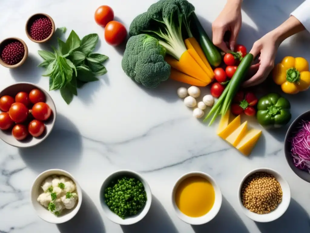 Un chef transforma sobras en una deliciosa receta con ingredientes coloridos en una encimera de mármol blanco