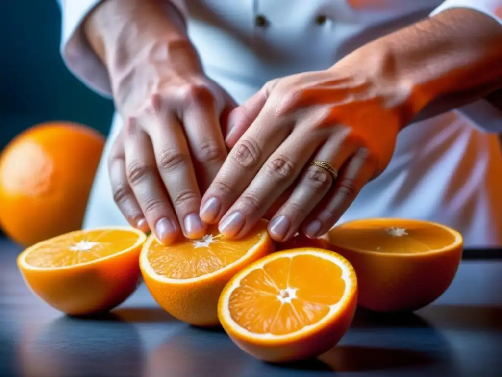 Un chef sostenible en la cocina zero waste pela una naranja con destreza, capturando cada detalle fresco y vibrante