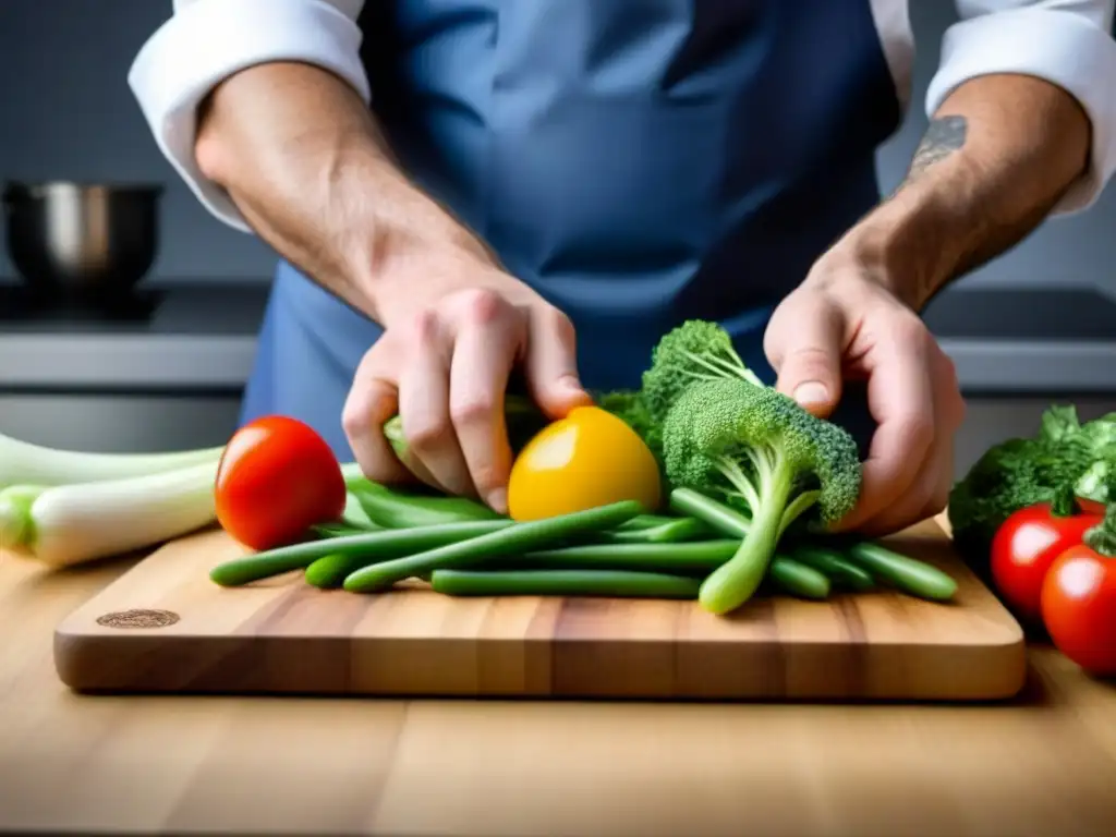 Un chef cortando verduras coloridas en una tabla de madera, demostrando la precisión y arte de la cocina sostenible zero waste