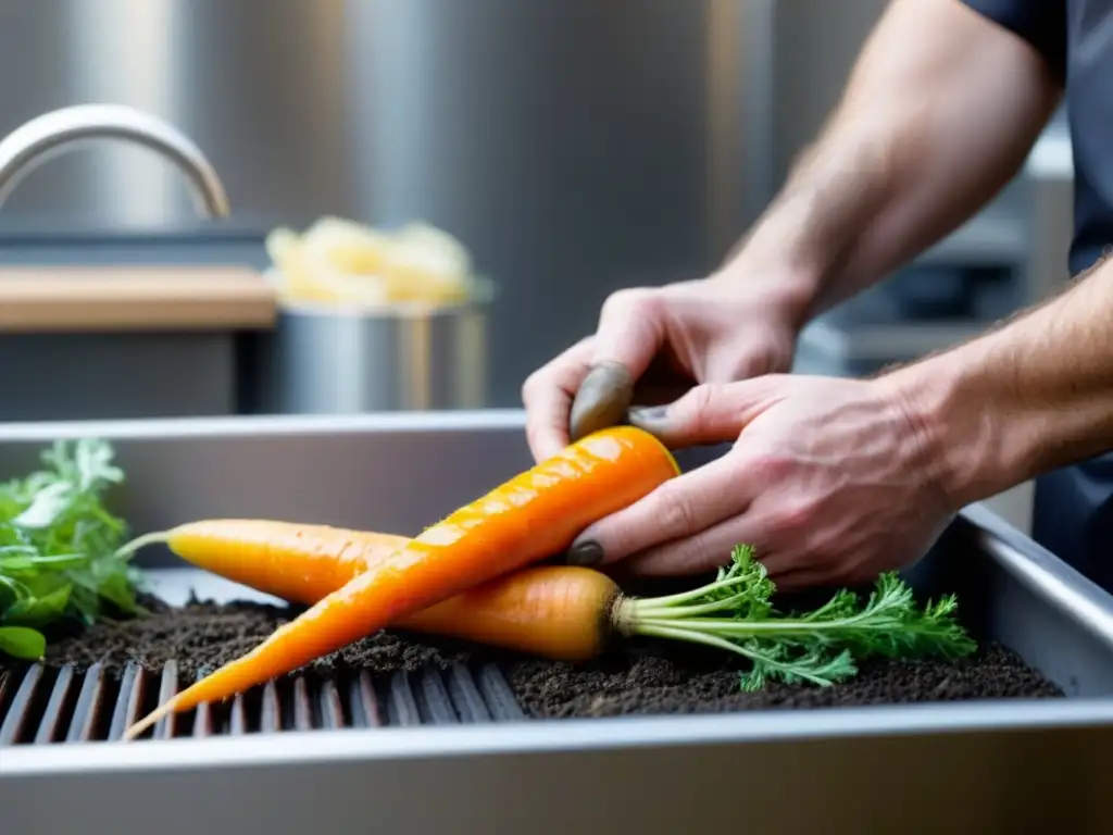 Chef pelando una zanahoria sobre un contenedor de compostaje en una cocina moderna