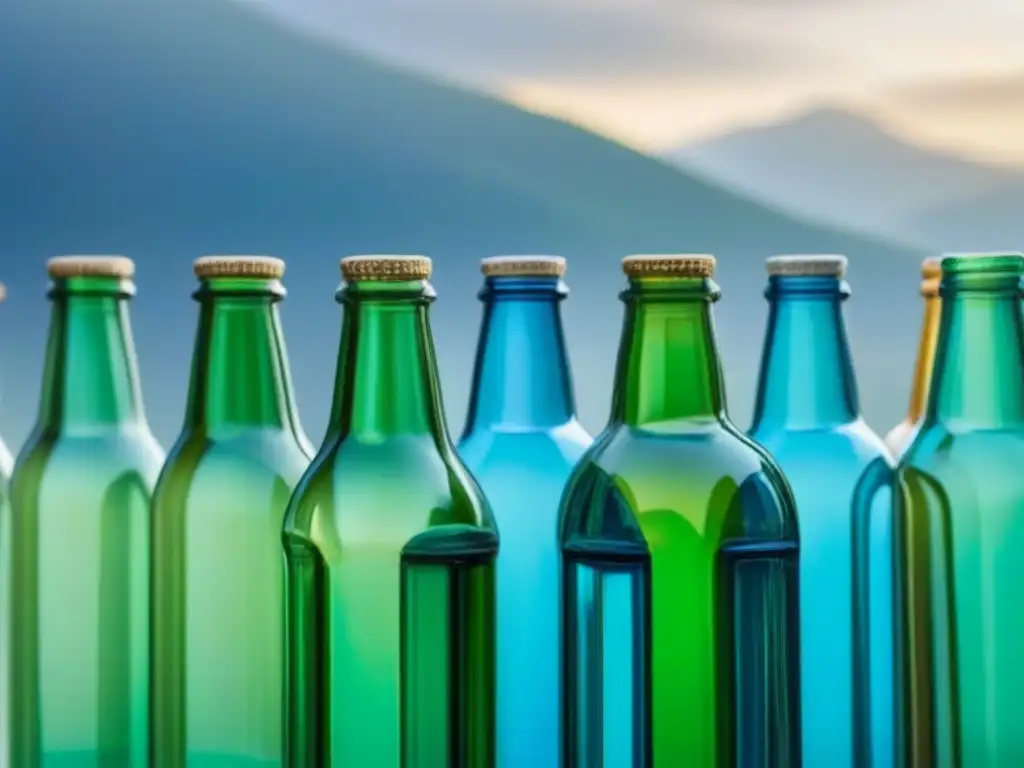 Un ciclo infinito de reciclaje de vidrio sostenible, mostrando botellas transformándose en nuevas en una paleta de colores azules, verdes y blancos