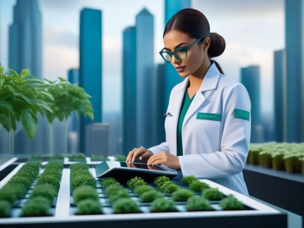 Un científico analiza Big Data en Agricultura Urbana en una ciudad futurista con rascacielos y jardines verticales