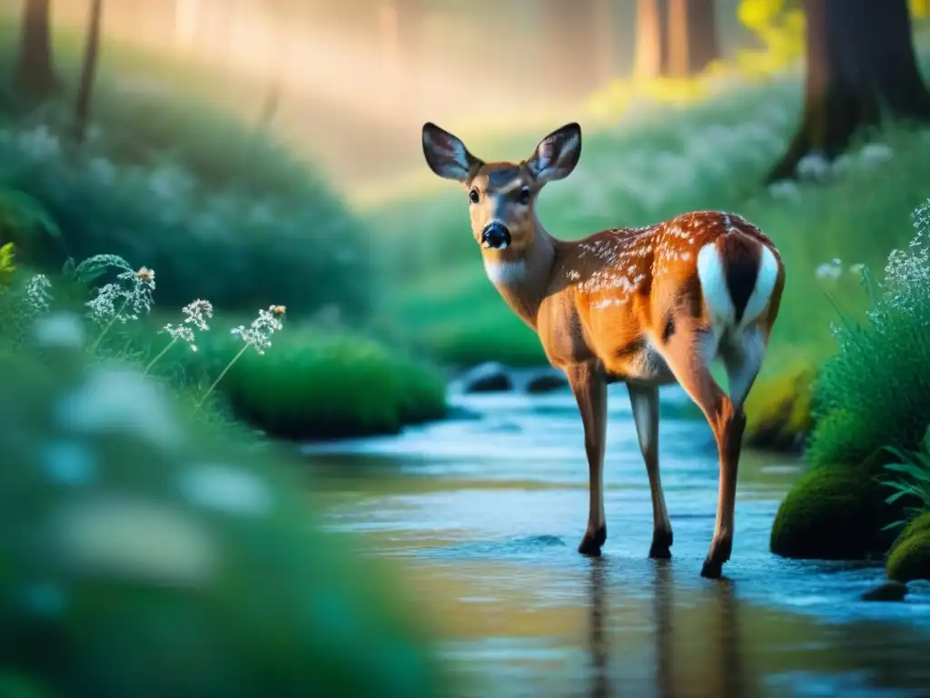 Un ciervo bebiendo en un arroyo en un bosque sereno al atardecer, evocando tranquilidad y belleza ética