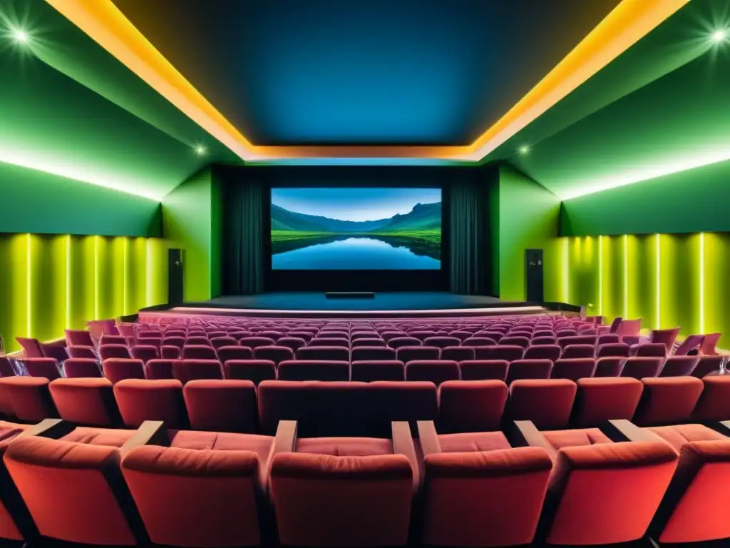 Un cine moderno con diseño sostenible, público diverso disfrutando de una película eco en Distribución cine ecológico sostenible