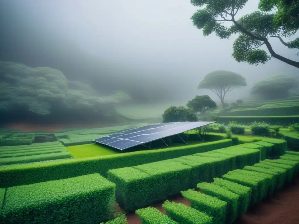 Producción de cine sostenible reducción: Equipo en set ecofriendly rodeado de vegetación, usando paneles solares y reciclando