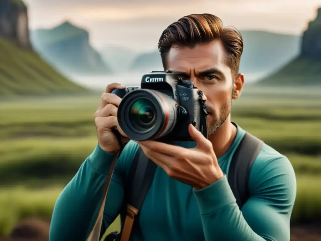 Un cineasta joven capturando la belleza de la naturaleza, con determinación en su rostro y equipo de filmación detallado