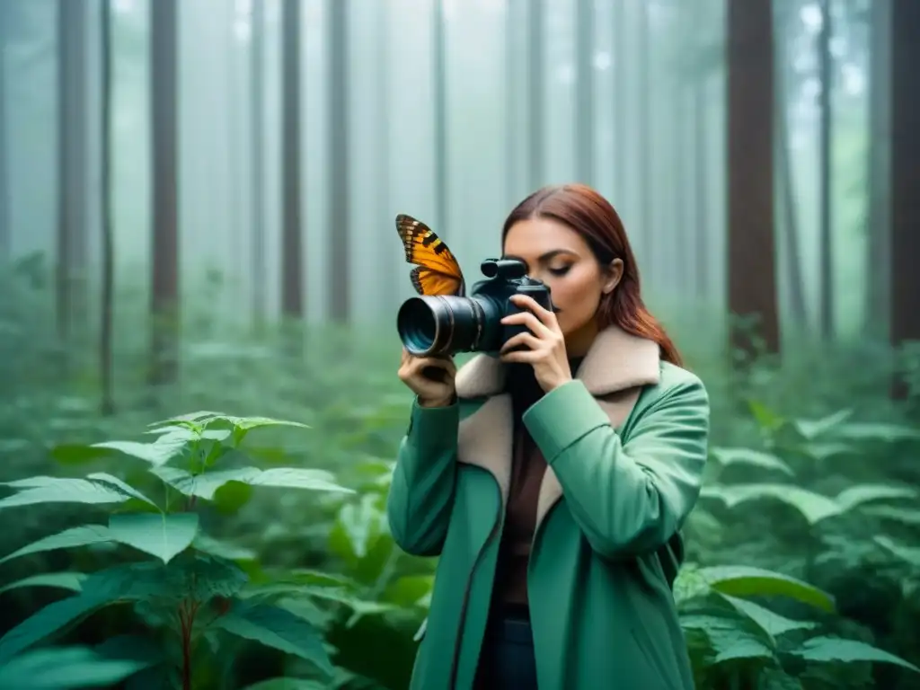 Un cineasta joven documental sobre cambio climático filma una mariposa en el bosque