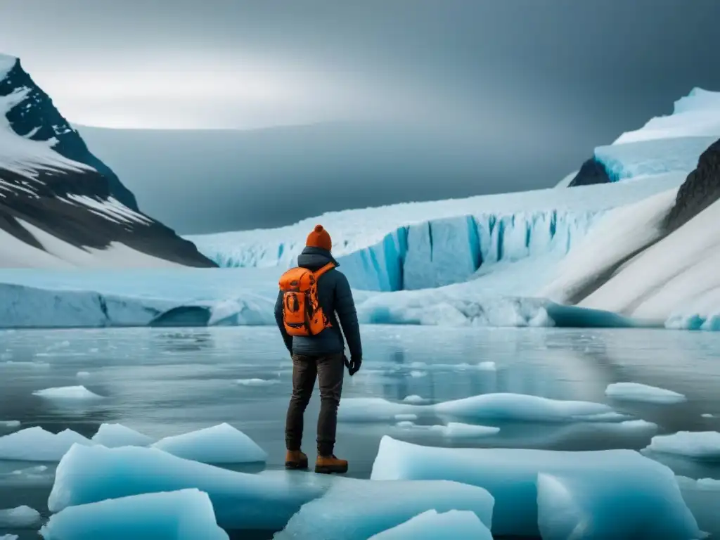 Un cineasta joven documental en un glaciar, capturando la belleza y escala del hielo derretido por el cambio climático