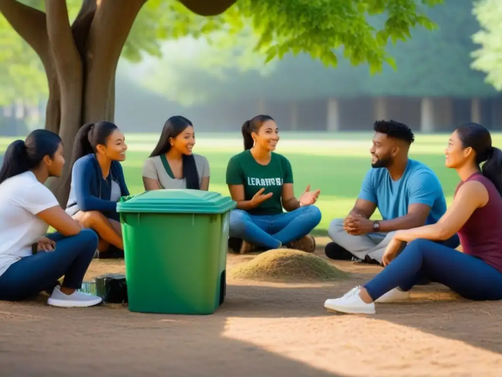 Un círculo de estudiantes de distintas edades y etnias, aprendiendo sobre vida sostenible en un workshop bajo un árbol en la escuela