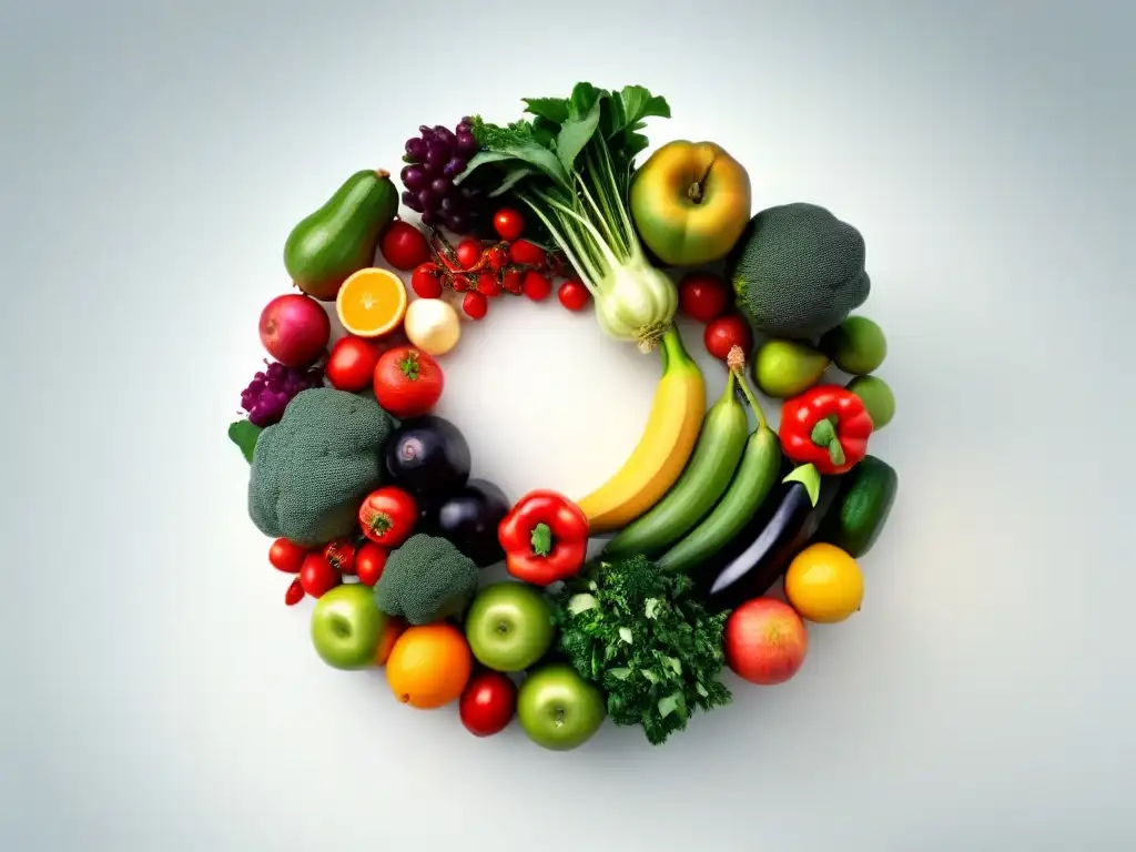 Abundancia de alimentos vegetales: colorida composición circular Un círculo de frutas y verduras frescas en un fondo blanco, mostrando la belleza de una dieta basada en plantas sostenible